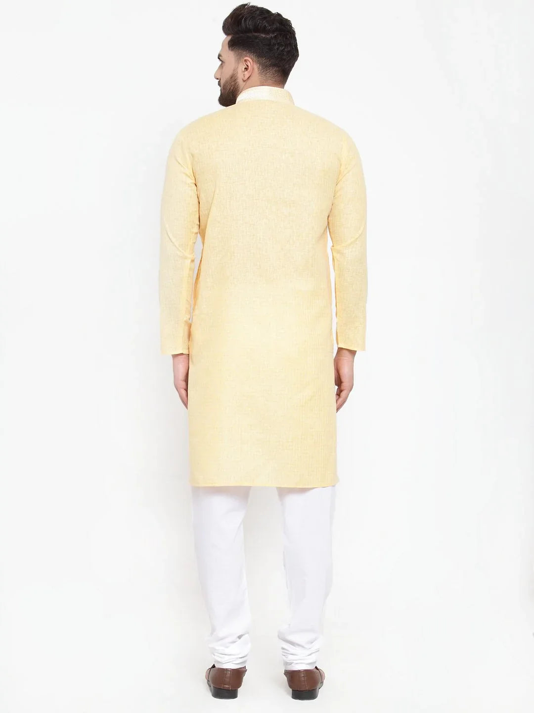 Yellow Embroidered Mens Kurta Pajama Set | Cotton Churidar