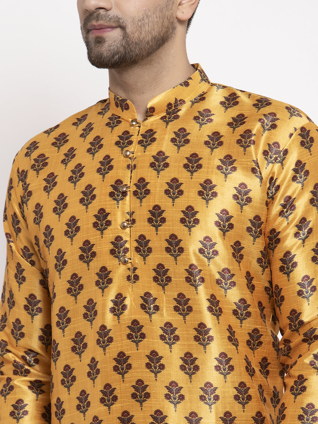 Trendy Yellow Printed Mens Kurta - Cotton Indian Kurta for Men