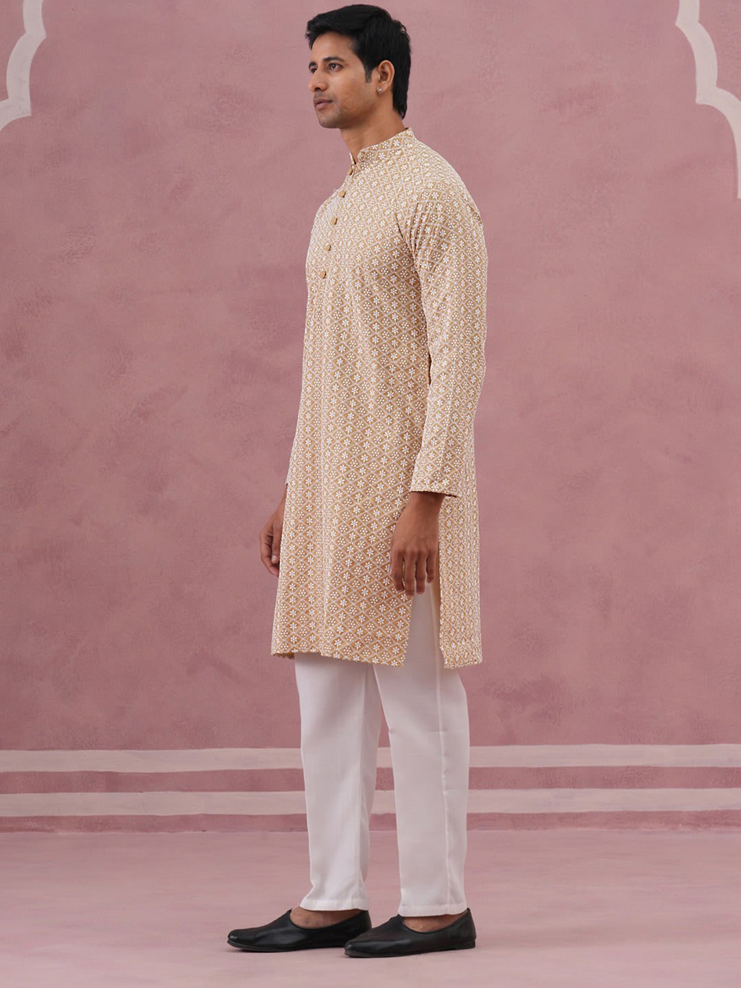 DesiQlo Men Embroidered Kurta Pyjama Set - Beige - JOKP_626Beige_S