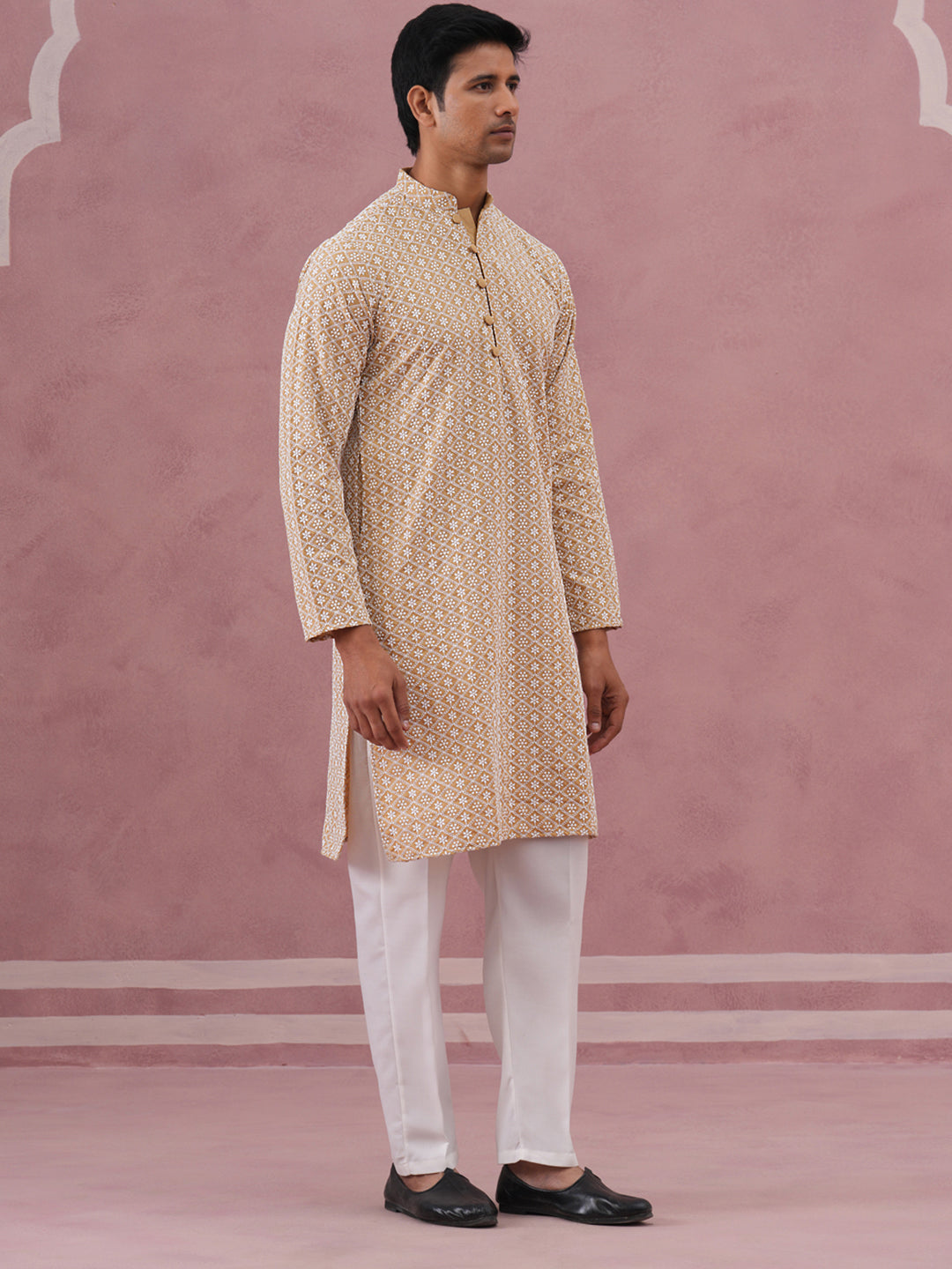 DesiQlo Men Embroidered Kurta Pyjama Set - Beige - JOKP_626Beige_S