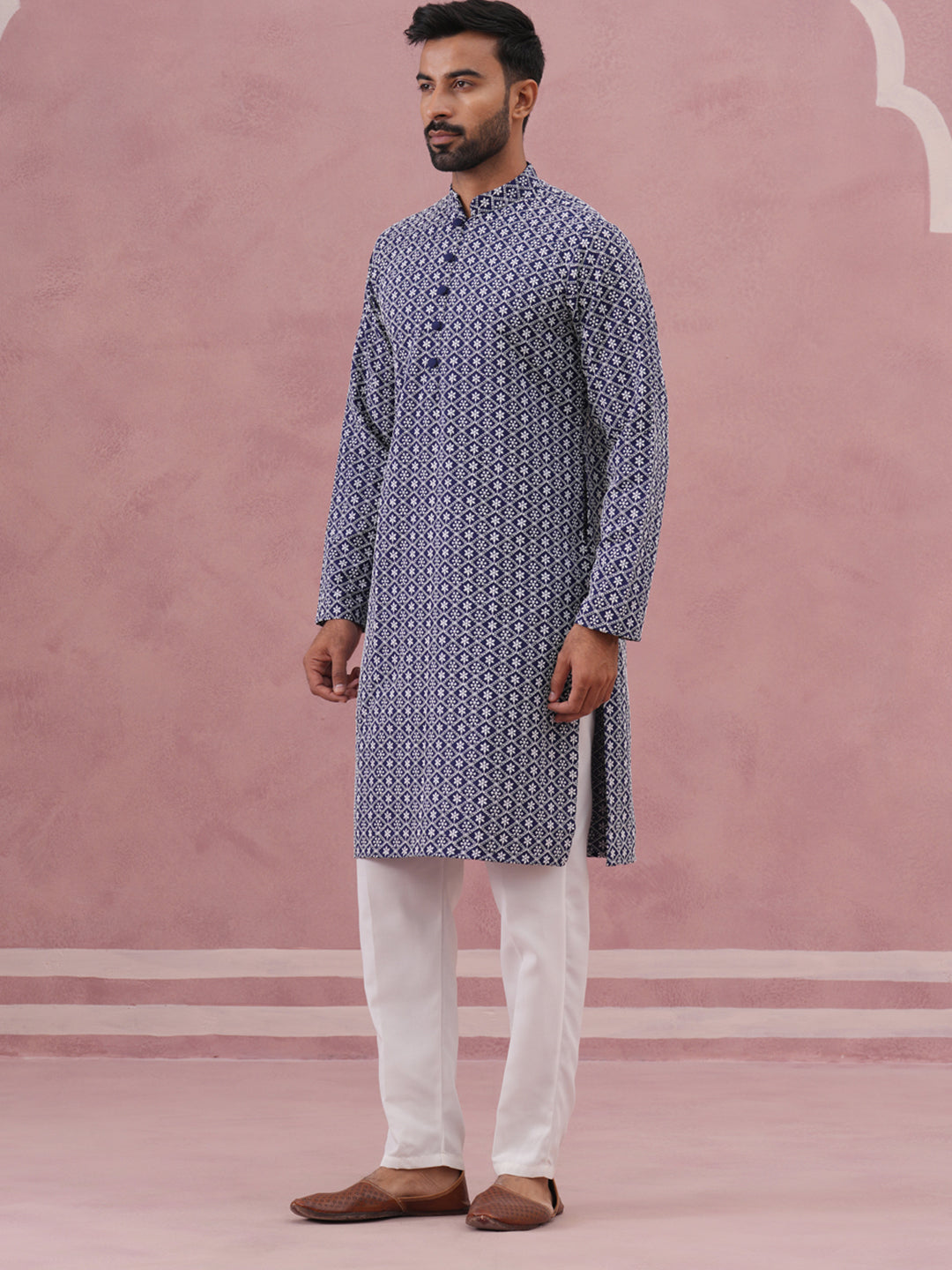 DesiQlo Men Embroidered Kurta Pyjama Set - Blue - JOKP_626Blue_S