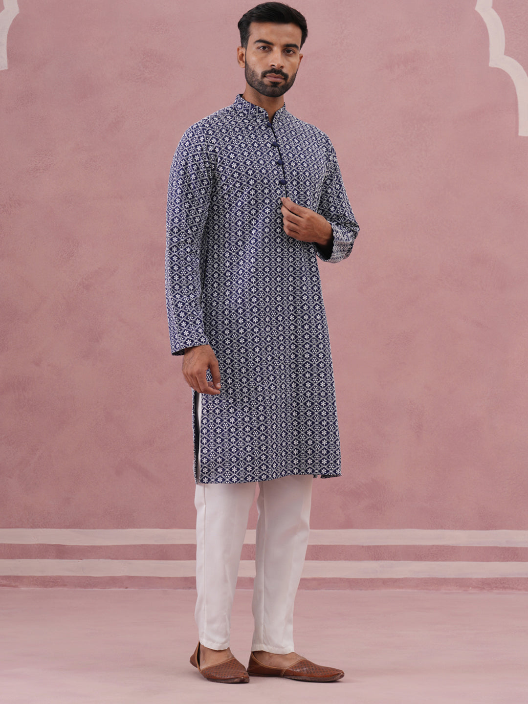 DesiQlo Men Embroidered Kurta Pyjama Set - Blue - JOKP_626Blue_S