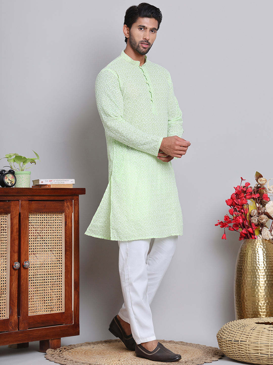 DesiQlo Men Embroidered Kurta Pyjama Set - Green - NJOKP_626Green_S