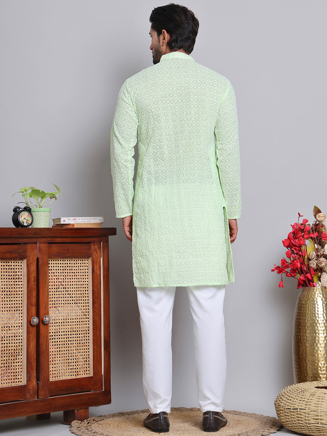 DesiQlo Men Embroidered Kurta Pyjama Set - Green - NJOKP_626Green_S