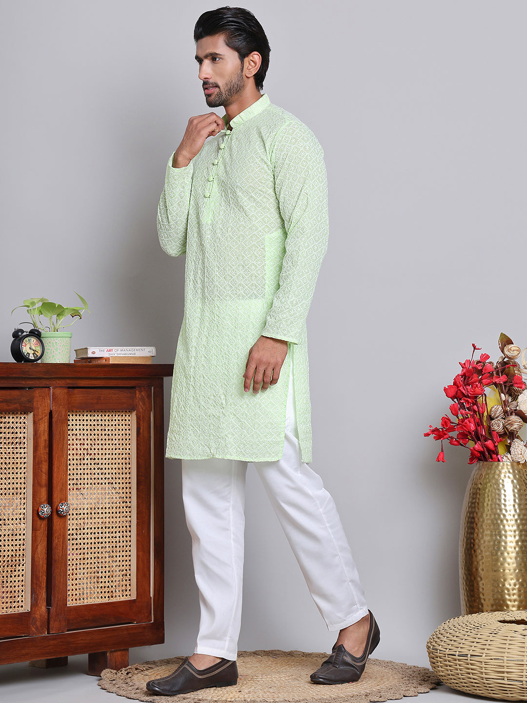 DesiQlo Men Embroidered Kurta Pyjama Set - Green - NJOKP_626Green_S
