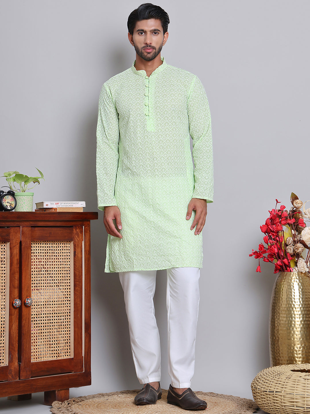 DesiQlo Men Embroidered Kurta Pyjama Set - Green - NJOKP_626Green_S