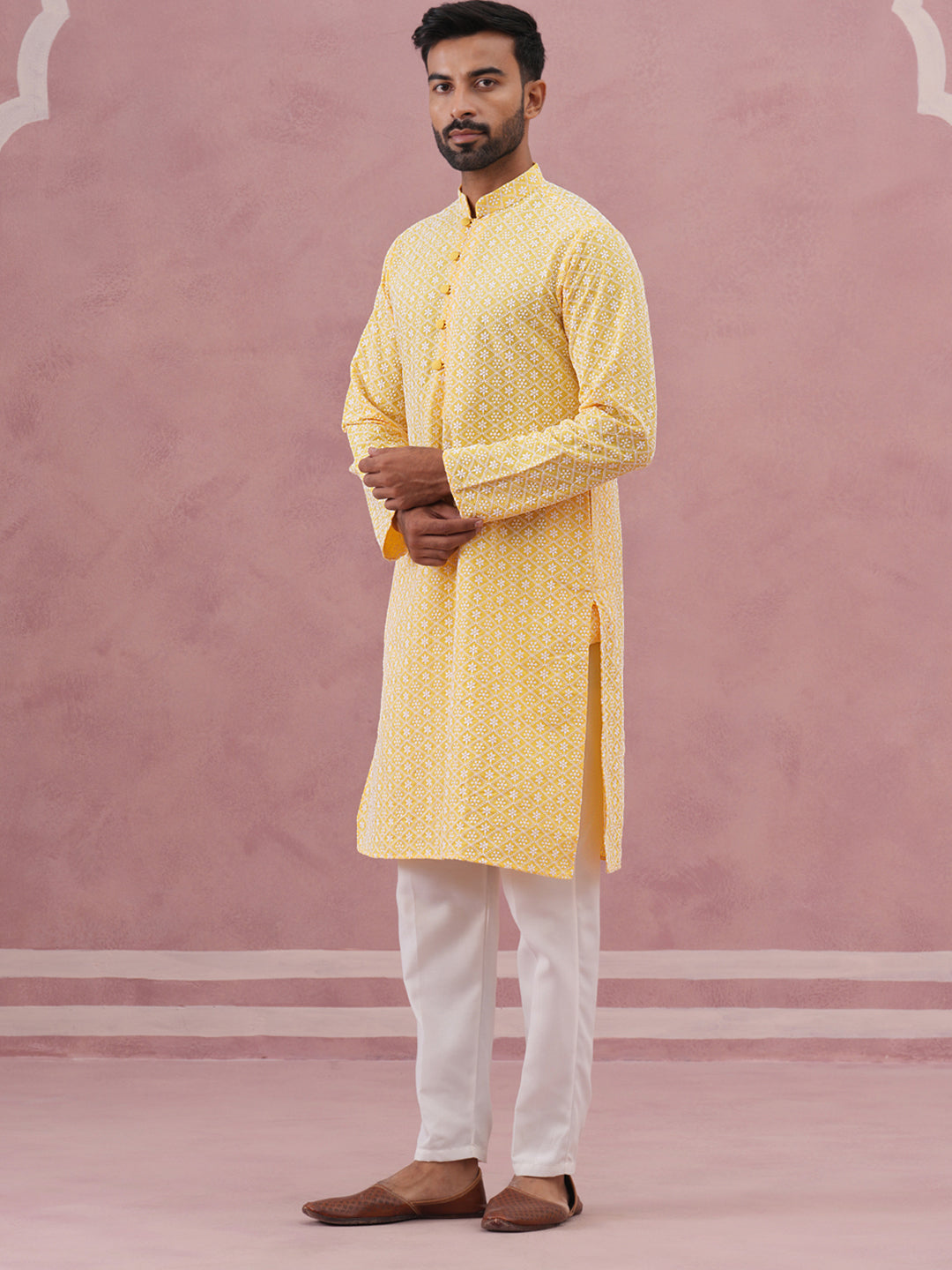 DesiQlo Men Embroidered Kurta Pyjama Set - Yellow - JOKP_626Lemon_S