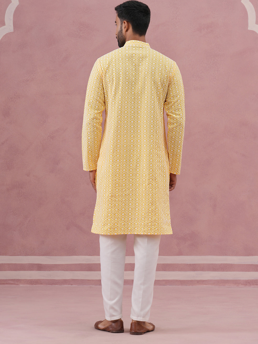 DesiQlo Men Embroidered Kurta Pyjama Set - Yellow - JOKP_626Lemon_S