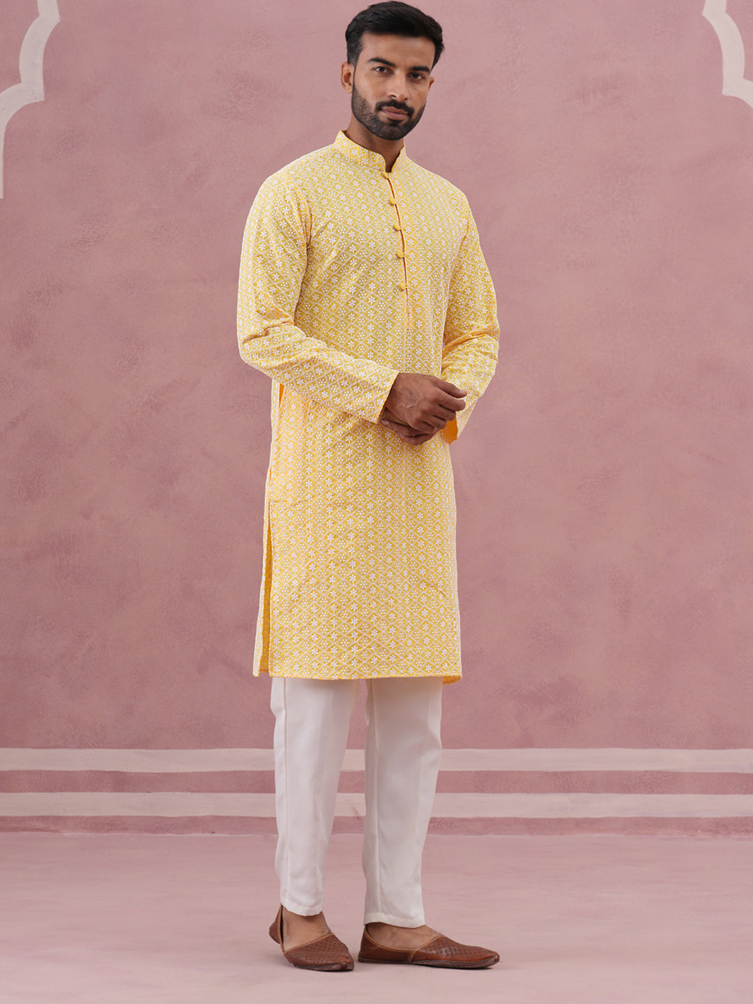 DesiQlo Men Embroidered Kurta Pyjama Set - Yellow - JOKP_626Lemon_S