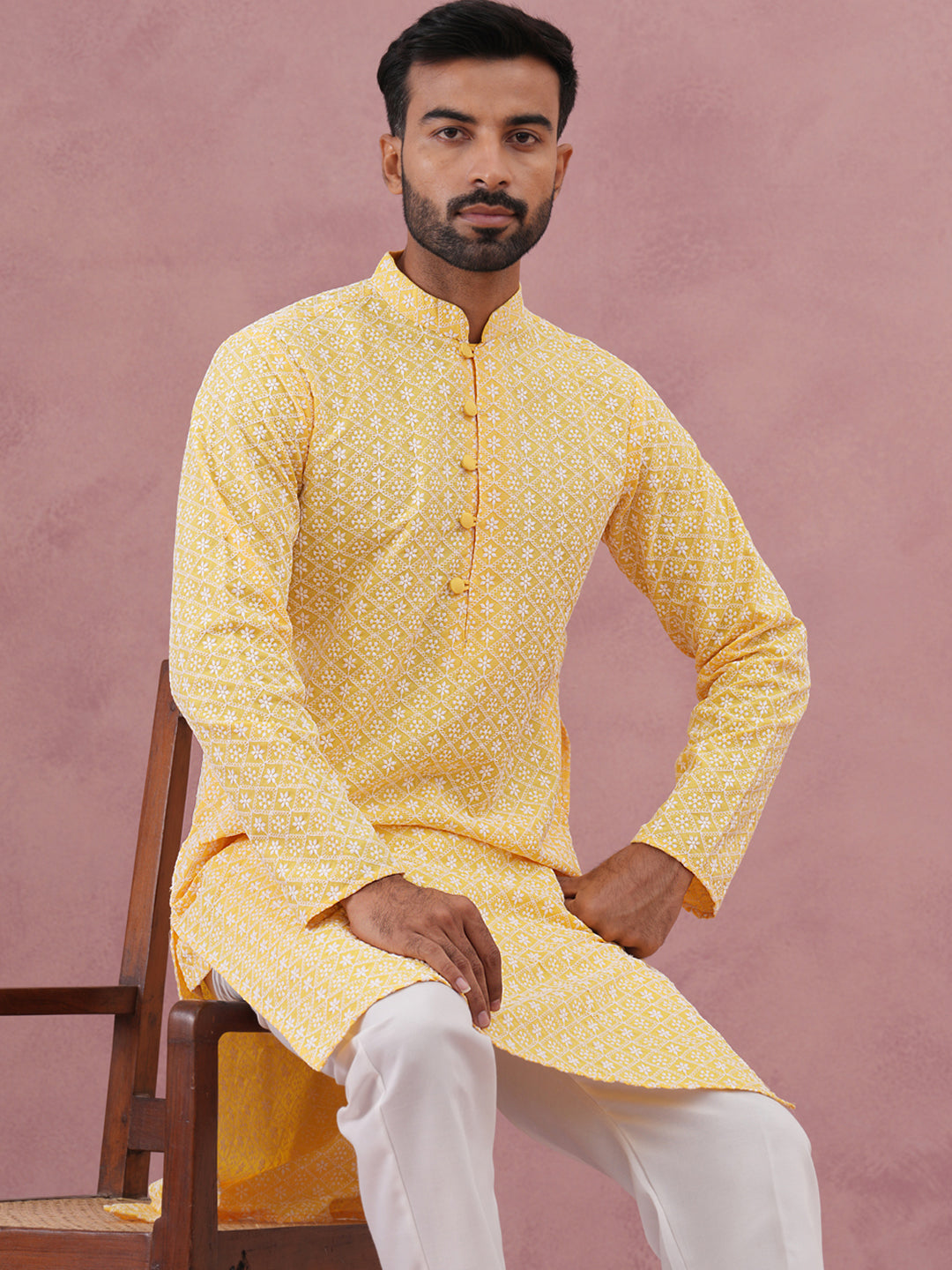 DesiQlo Men Embroidered Kurta Pyjama Set - Yellow - JOKP_626Lemon_S