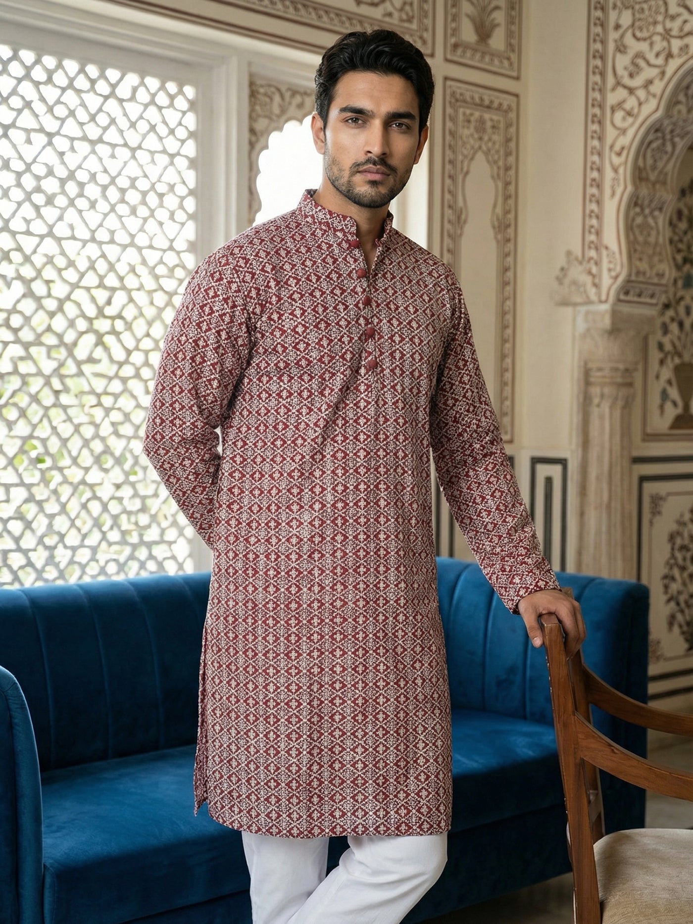 DesiQlo Men Embroidered Kurta Pyjama Set - Maroon - JOKP_P_626Maroon_S