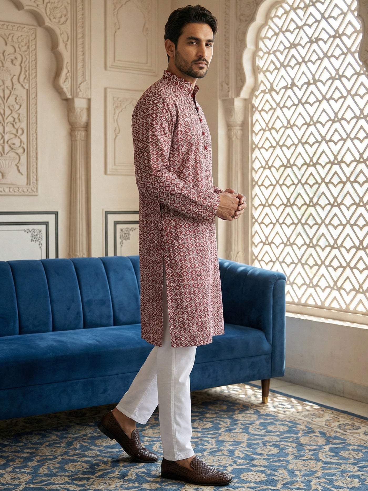 DesiQlo Men Embroidered Kurta Pyjama Set - Maroon - JOKP_P_626Maroon_S