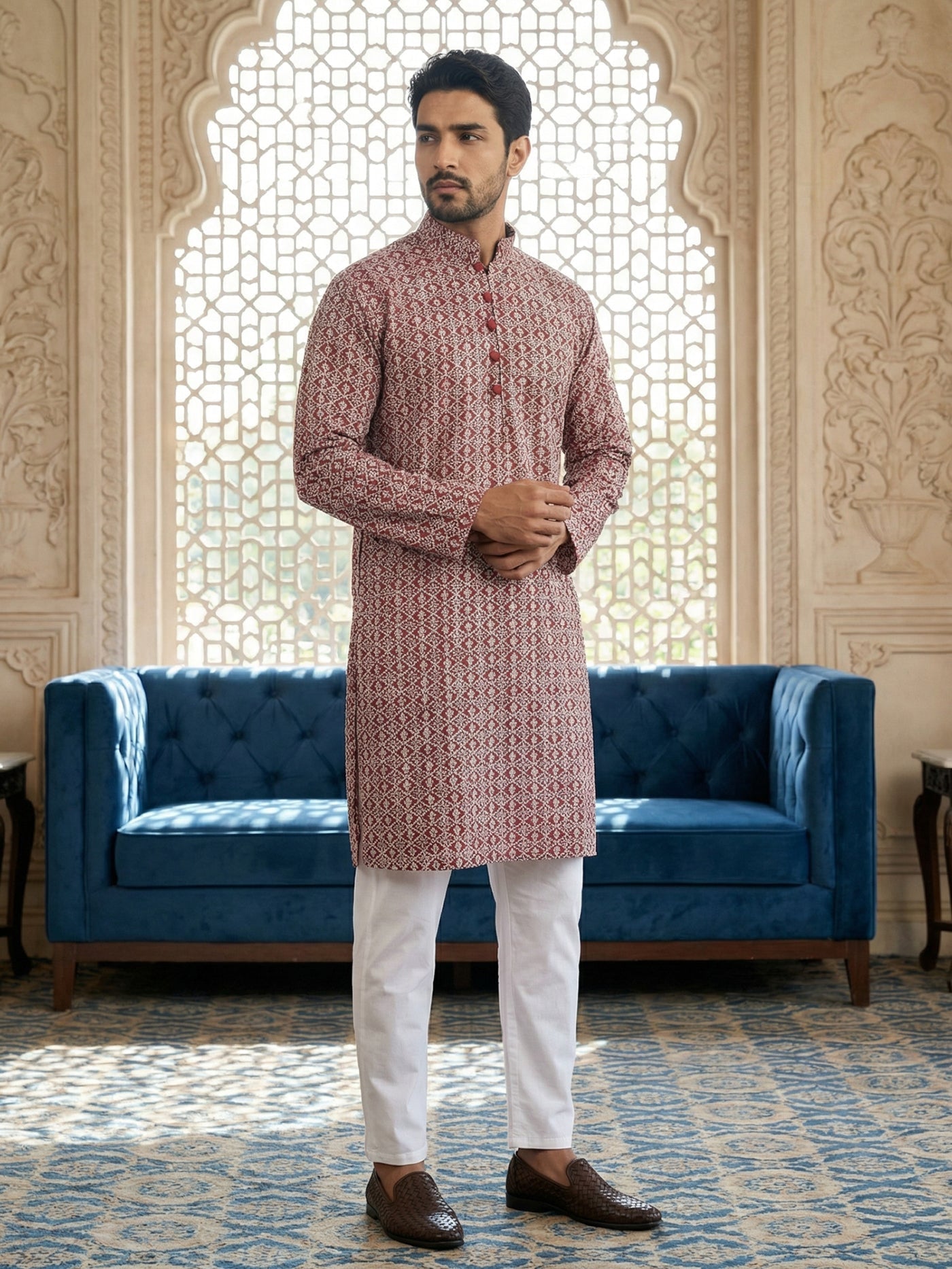 DesiQlo Men Embroidered Kurta Pyjama Set - Maroon - JOKP_P_626Maroon_S