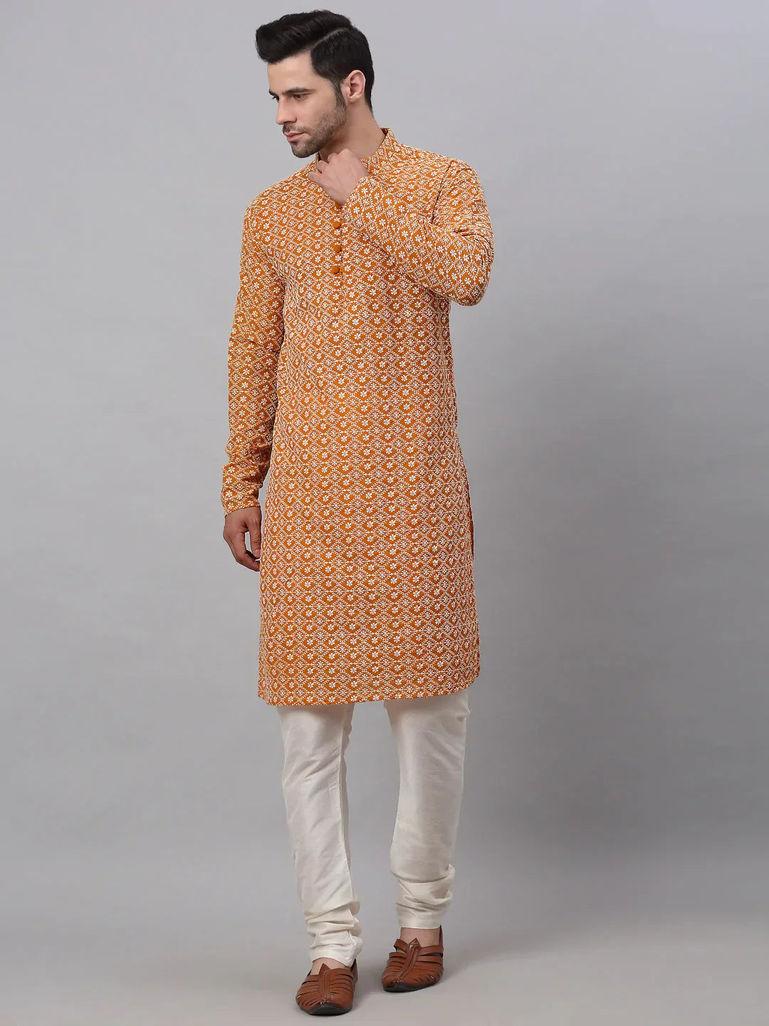 Mustard Chikankari Mens Kurta Pajama Set | Embroidered Cotton