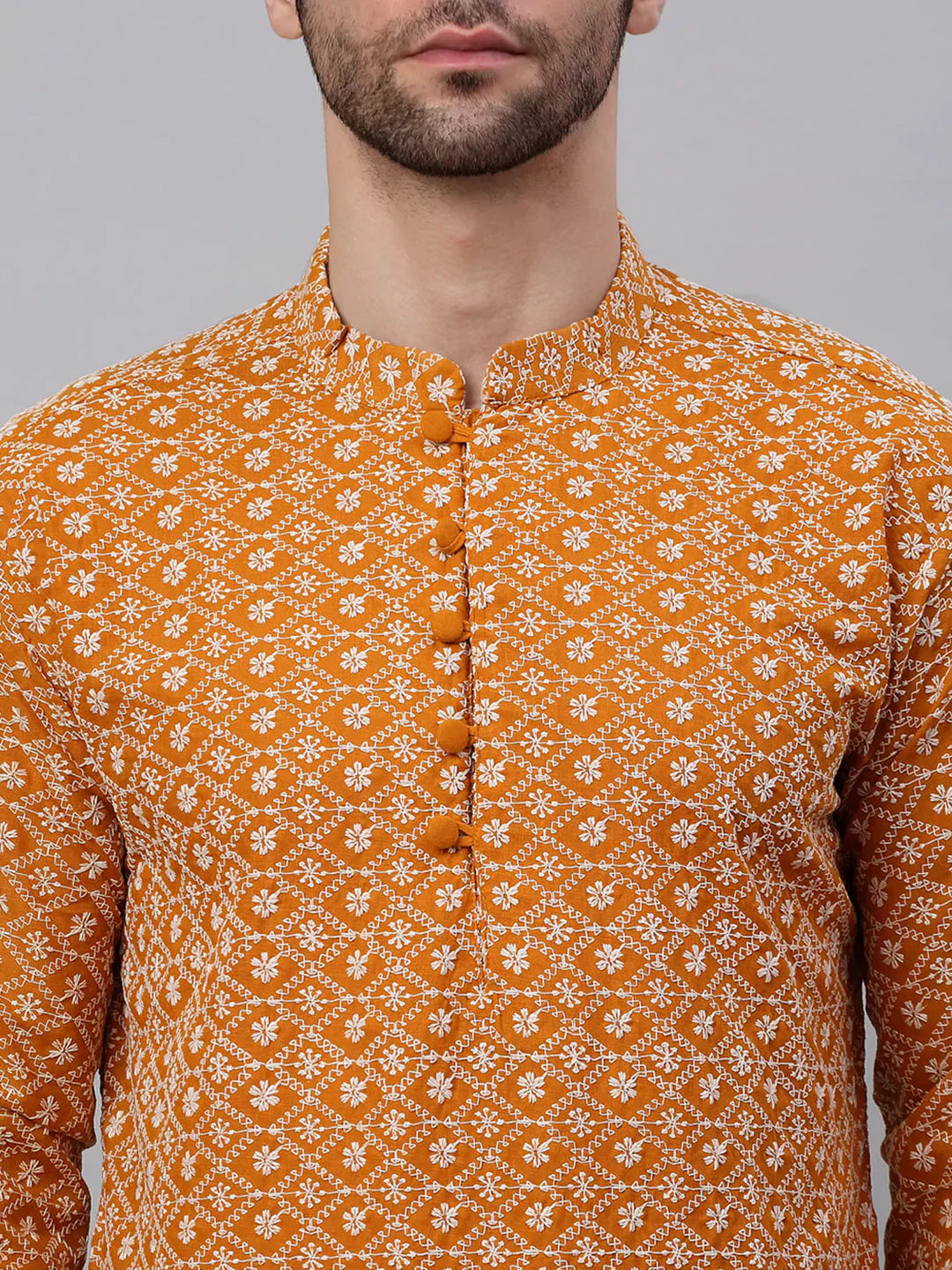Mustard Chikankari Mens Kurta Pajama Set | Embroidered Cotton