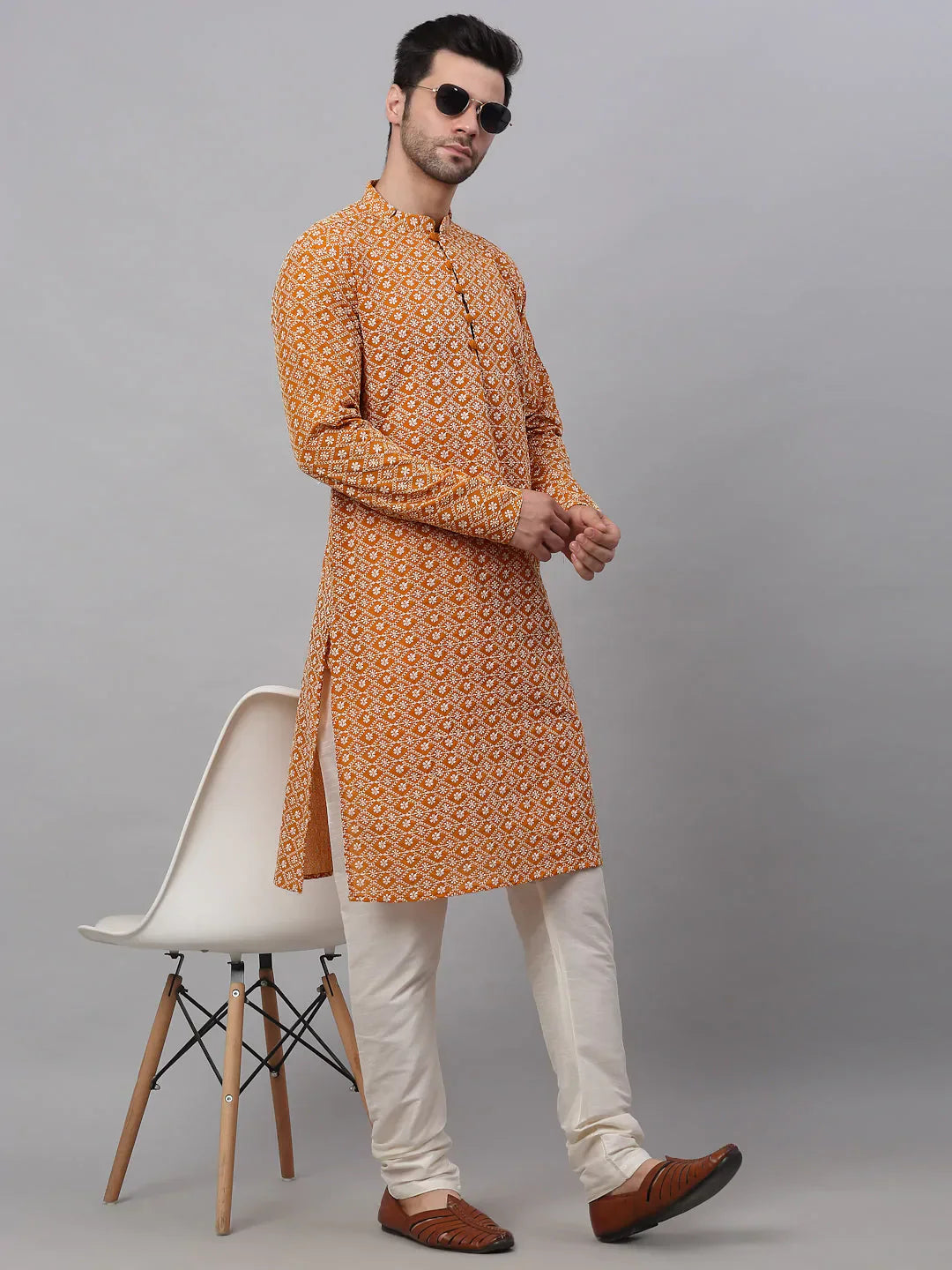 Mustard Chikankari Mens Kurta Pajama Set | Embroidered Cotton