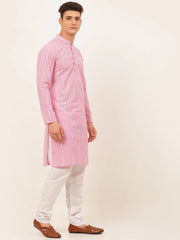 Men's Pink & White Embroidered Straight Kurta Pyjama Set ( JOKP 626 Pink ) [FF] [G-1-5]