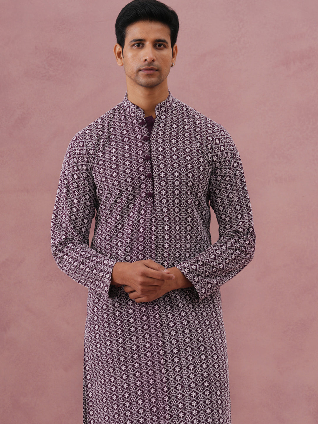 DesiQlo Men Embroidered Kurta Pyjama Set - Purple - JOKP_626Purple_S