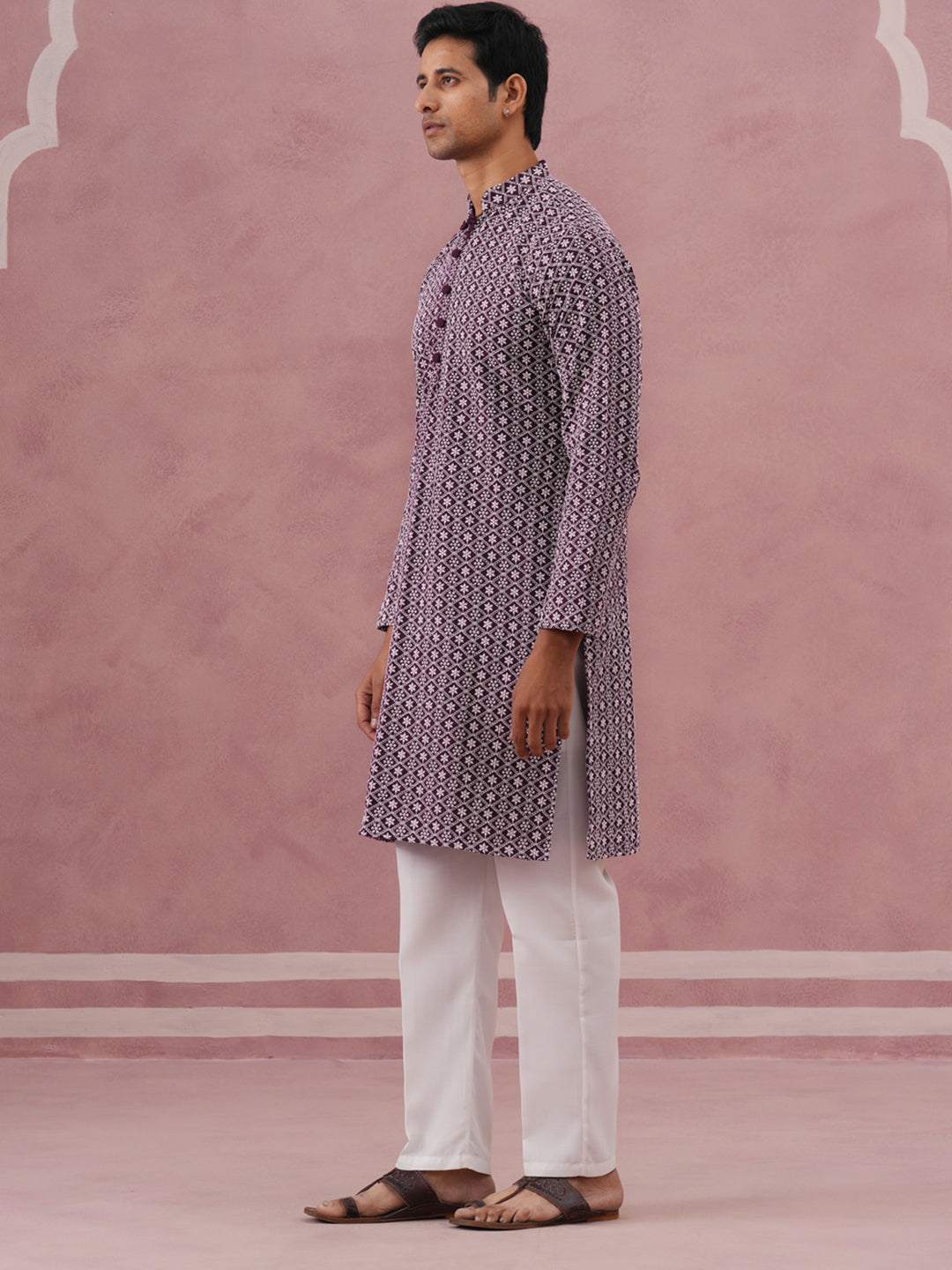 DesiQlo Men Embroidered Kurta Pyjama Set - Purple - JOKP_626Purple_S
