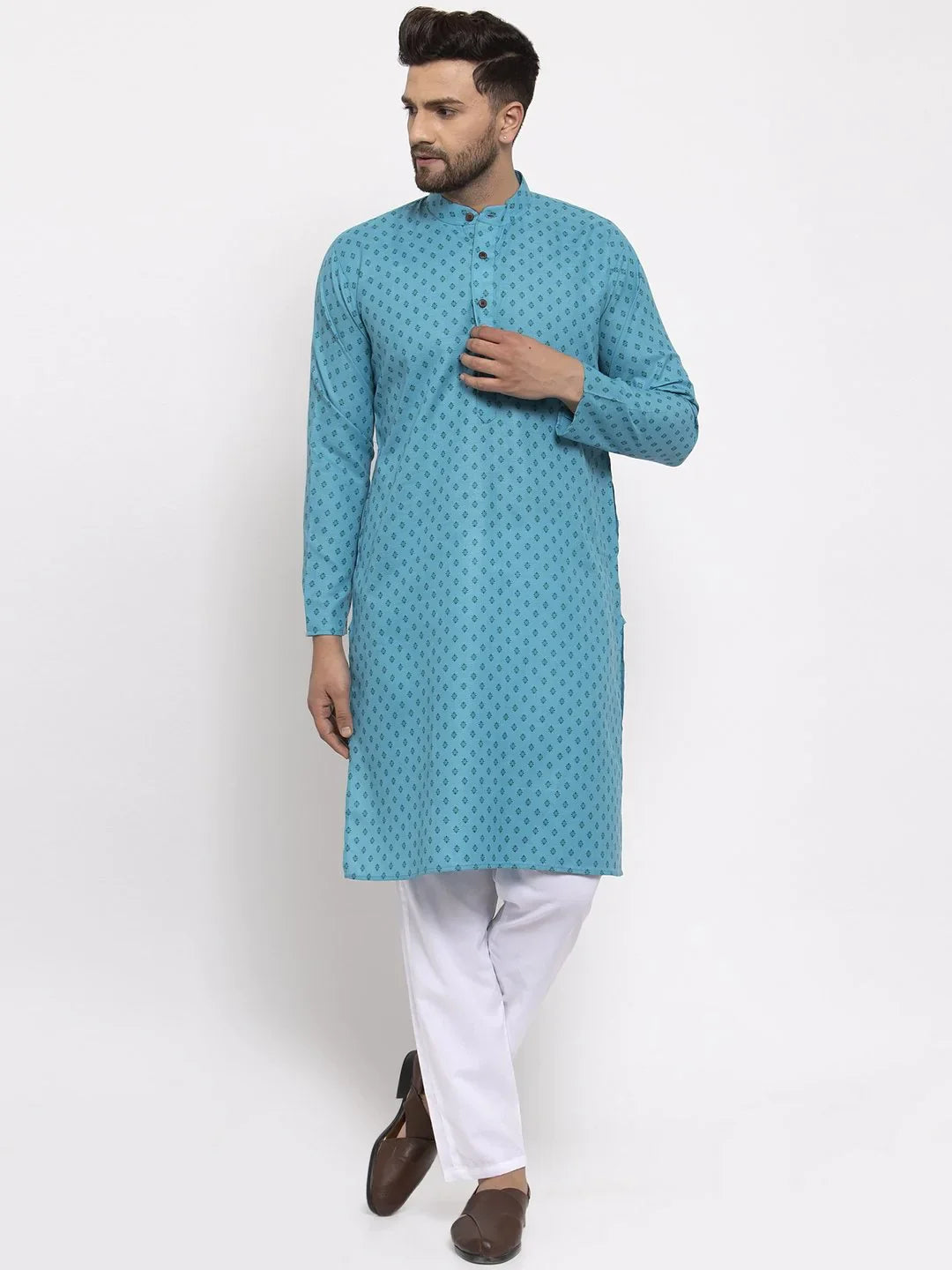 Sky Blue Printed Mens Kurta - Casual Indian Kurta for Men