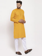 Men Yellow Printed Kurta with Pyjamas ( JOKP 627 Yellow )-JOKP-627