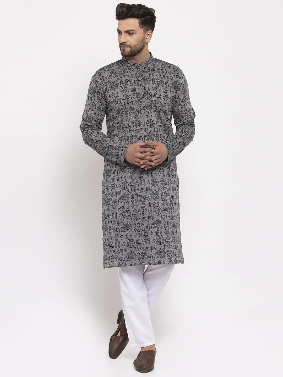 Grey Printed Mens Kurta Pajama - Stylish Cotton Kurta