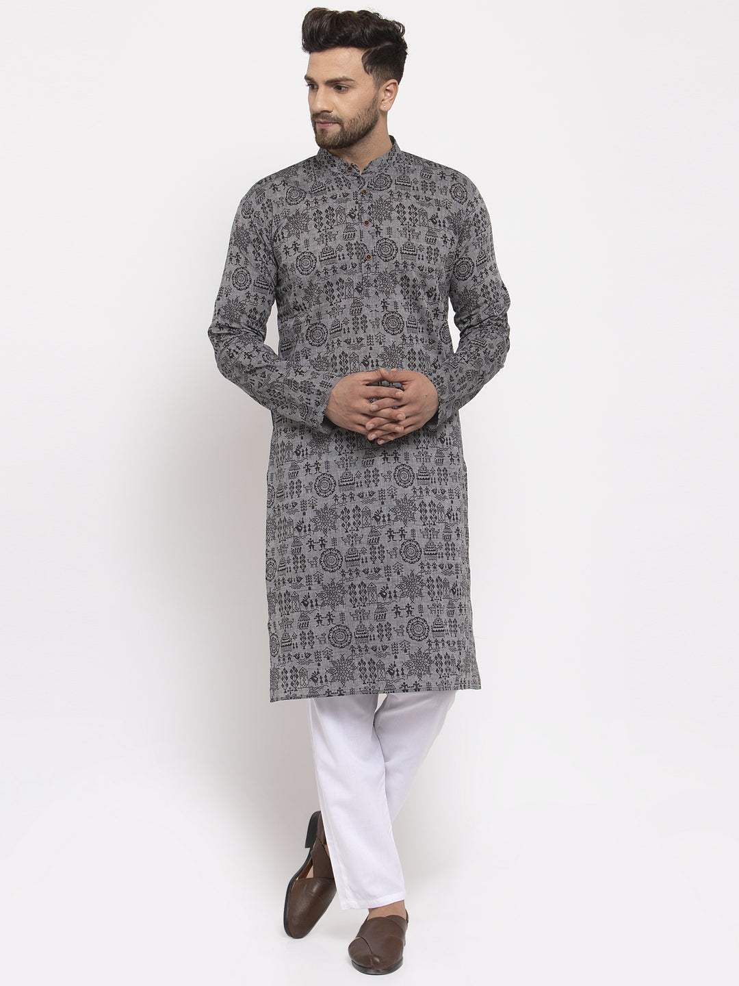 Men Grey Printed Straight Kurta