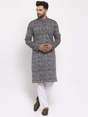 Men Grey Printed Straight Kurta