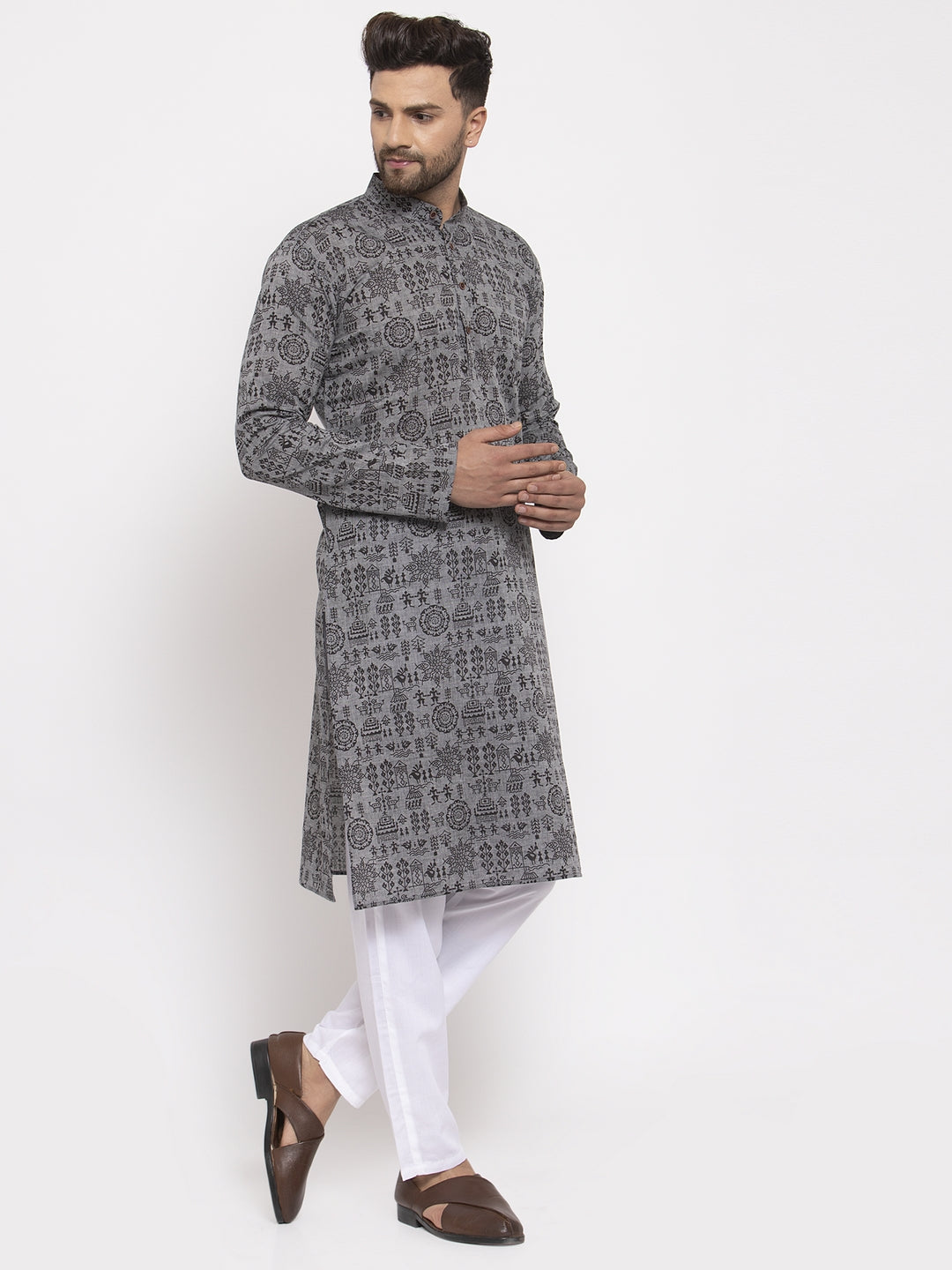 Grey Printed Mens Kurta Pajama - Stylish Cotton Kurta