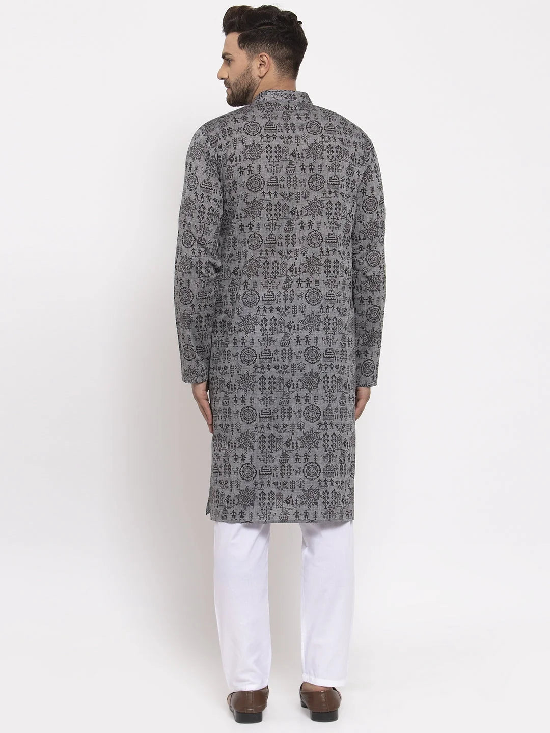 Grey Printed Mens Kurta Pajama - Stylish Cotton Kurta