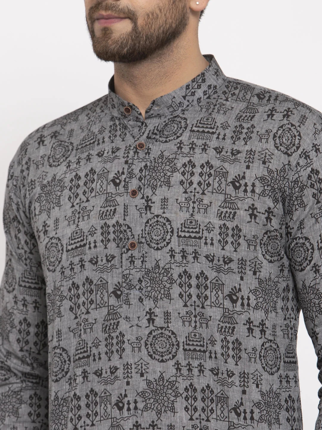Grey Printed Mens Kurta Pajama - Stylish Cotton Kurta