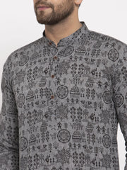 Men Grey Printed Straight Kurta