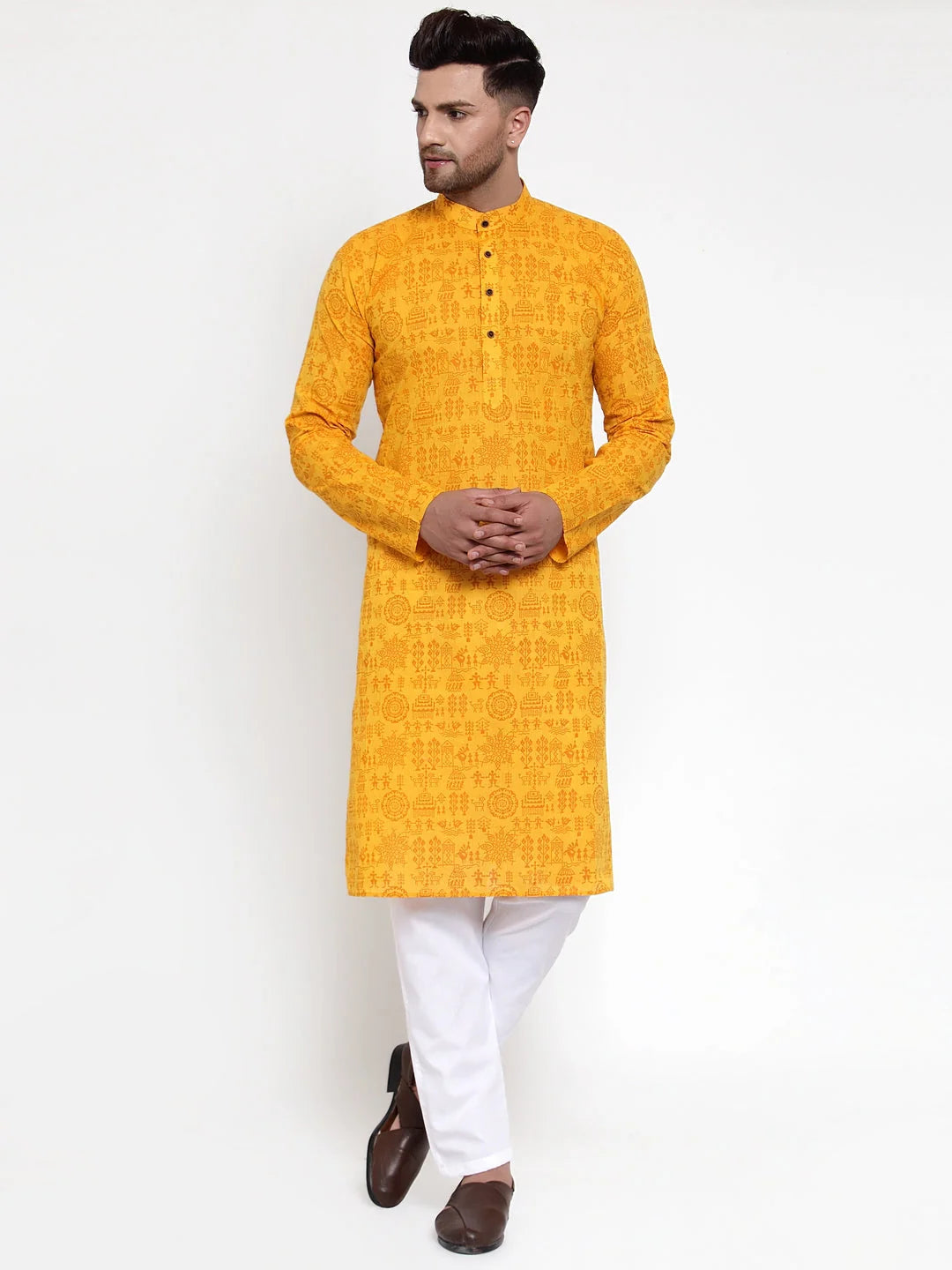 Men Mustard Printed Straight Kurta