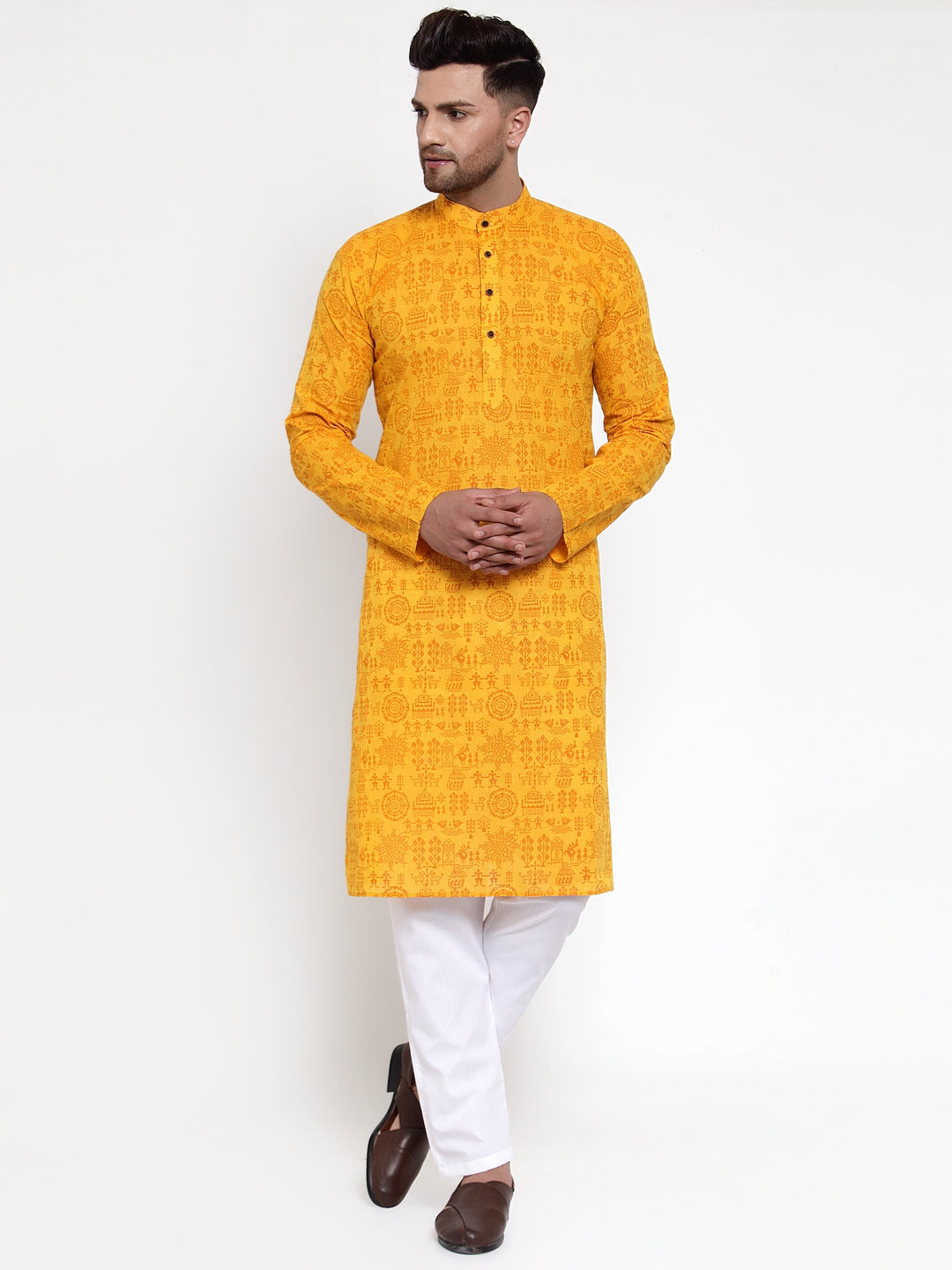 Mustard Printed Cotton Kurta Pajama for Men | Shop Now!