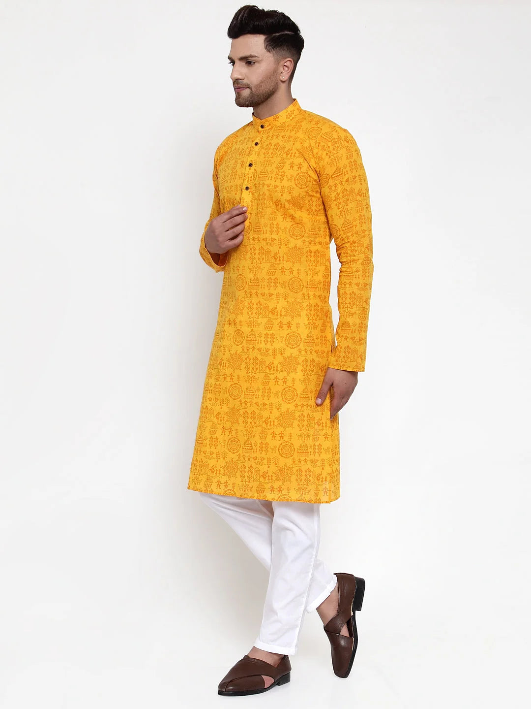 Mustard Printed Cotton Kurta Pajama for Men | Shop Now!