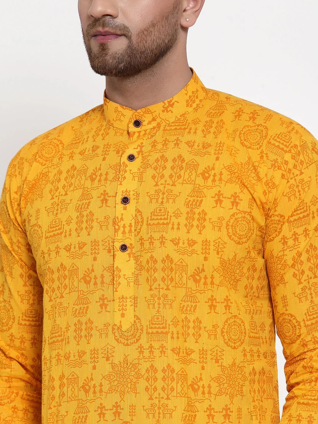 Mustard Printed Cotton Kurta Pajama for Men | Shop Now!