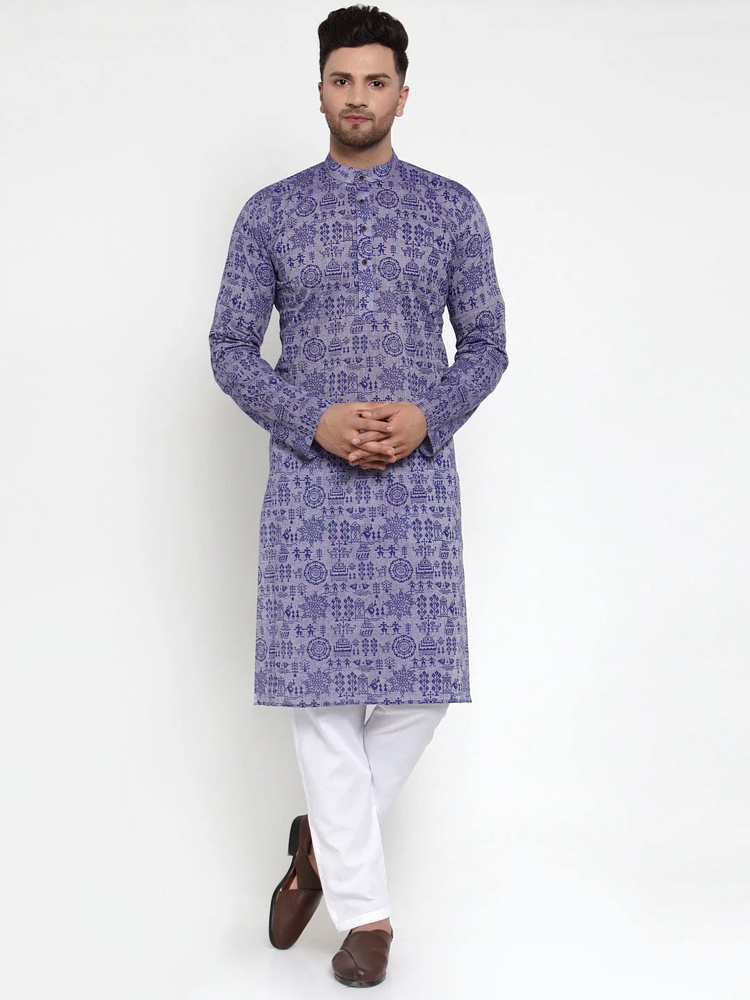 Men Purple Printed Straight Kurta