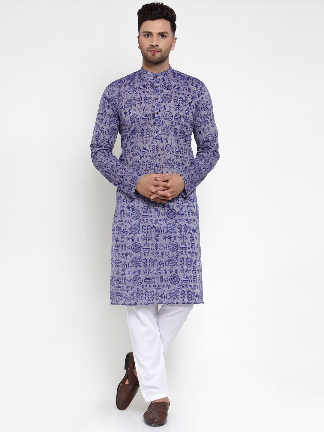 Purple Printed Cotton Mens Kurta Pajama Set | Shop Now