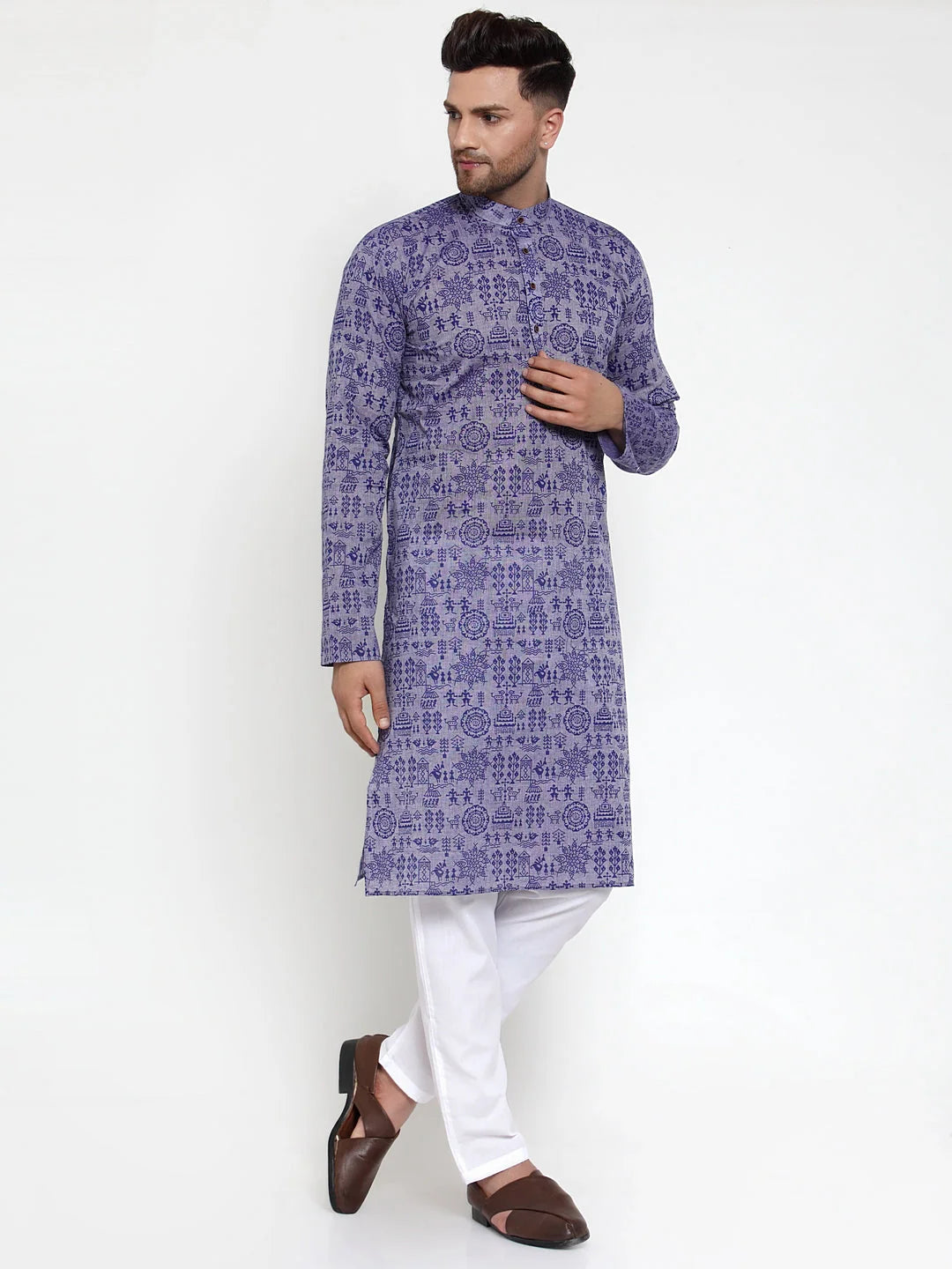 Purple Printed Cotton Mens Kurta Pajama Set | Shop Now