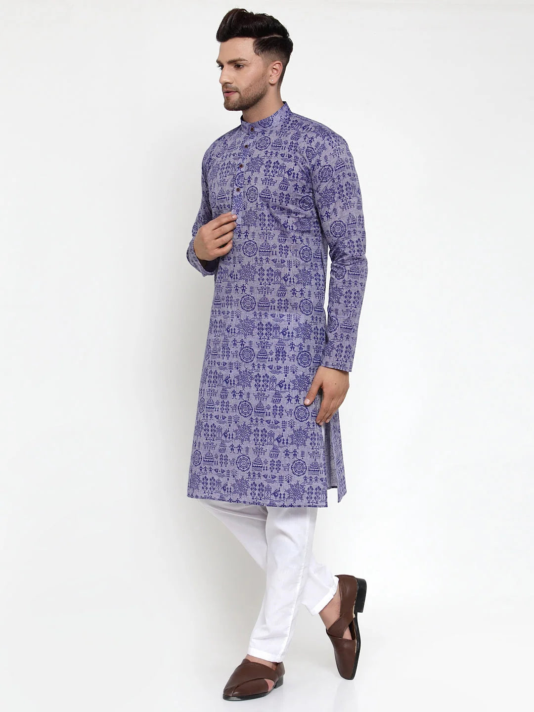 Purple Printed Cotton Mens Kurta Pajama Set | Shop Now