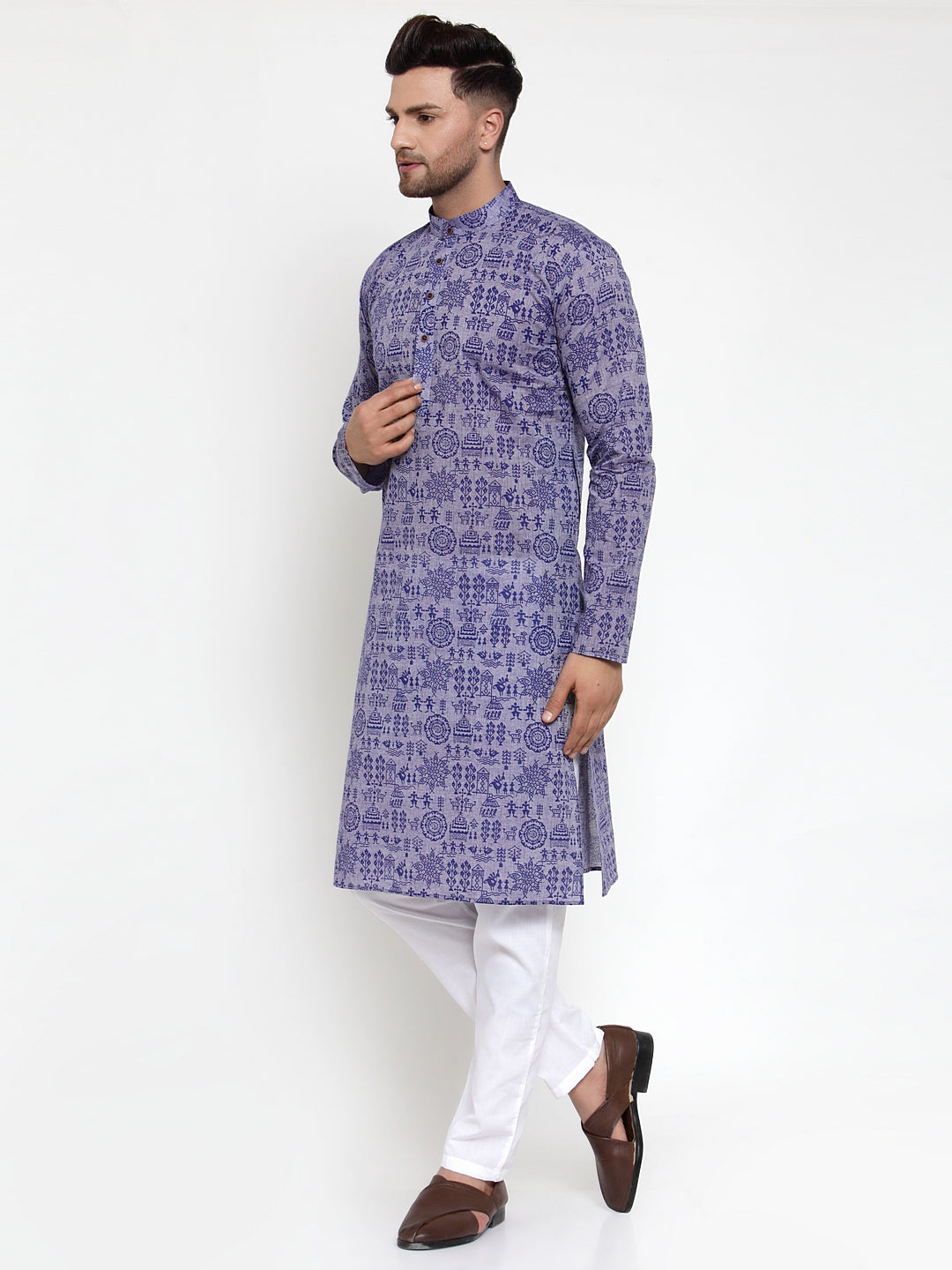Purple Printed Cotton Mens Kurta Pajama Set | Shop Now