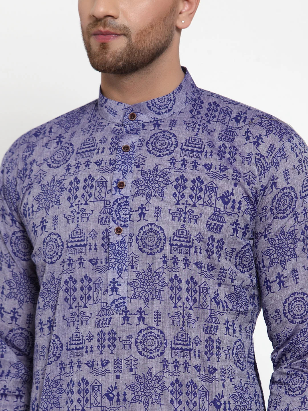 Purple Printed Cotton Mens Kurta Pajama Set | Shop Now