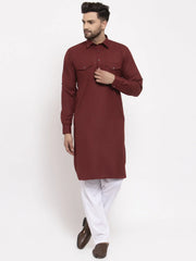 Men Maroon Solid Kurta with White Pyjamas