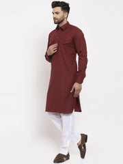 Men Maroon Solid Kurta with White Pyjamas