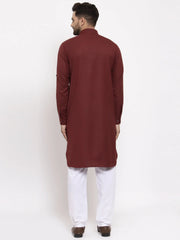 Men Maroon Solid Kurta with White Pyjamas
