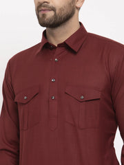 Men Maroon Solid Kurta with White Pyjamas