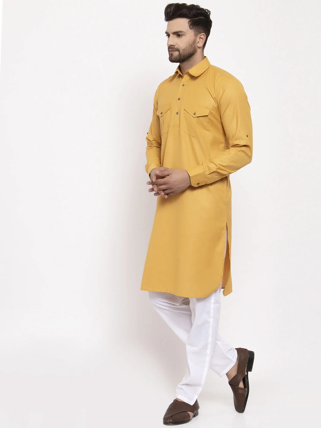 Mustard Kurta Pajama Set - Men's Cotton Pathani Style Outfit