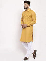Men Mustard Solid Kurta with White Pyjamas