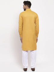 Men Mustard Solid Kurta with White Pyjamas