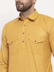 Men Mustard Solid Kurta with White Pyjamas